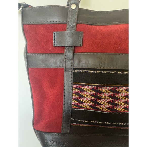 Boho Country Leather And Suede Shoulder Bag Red Brown Purse with Tapestry insert - Picture 2 of 13